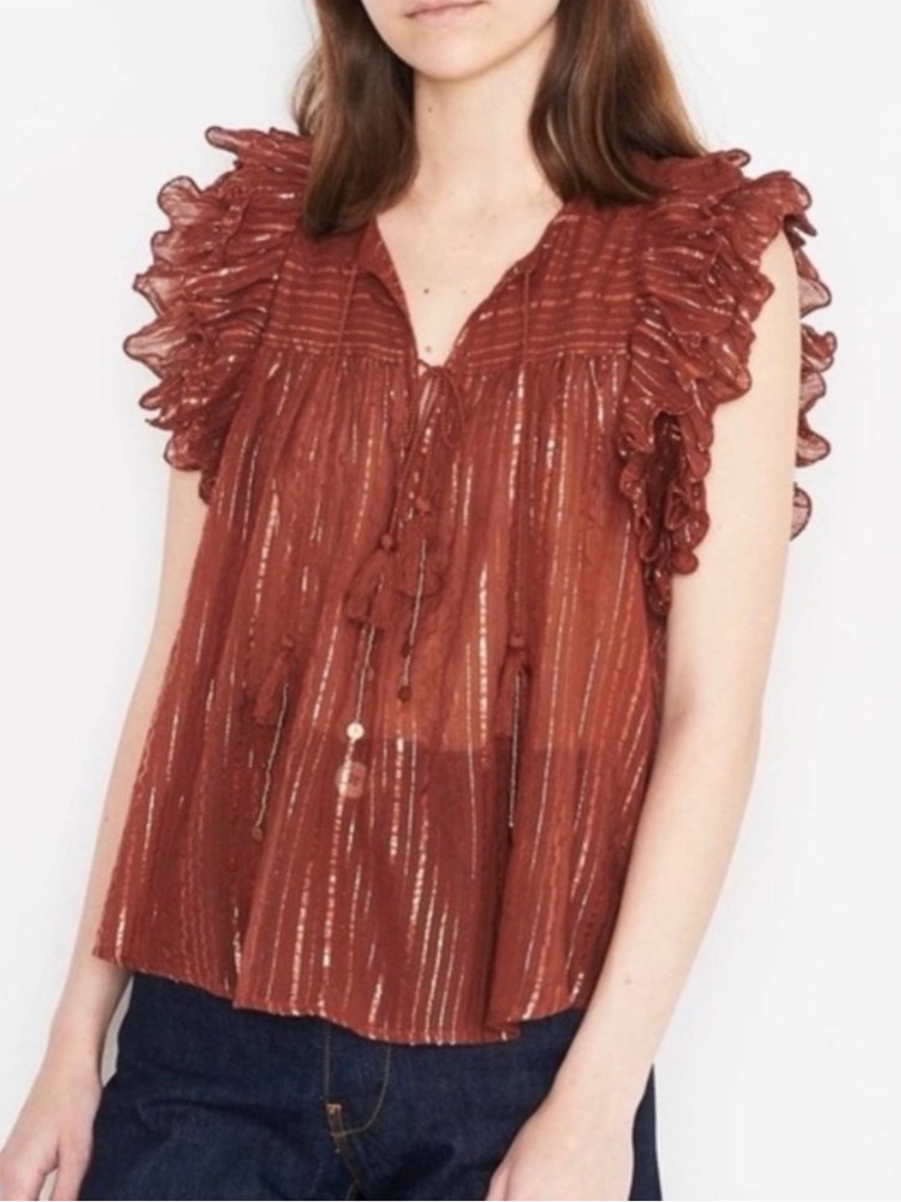 Ulla Johnson Cora Top on Mahogany - Ruffle Sleeve Sheer Tie-Front Women’s Top